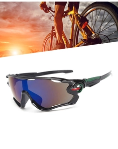 Outdoor cycling sunglasses with black frame and blue mirrored lenses in action and studio view