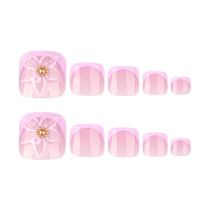 Classic French press-on toe nails with 3D white flowers and golden bead decorations