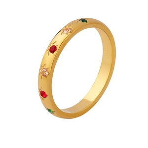 Gold plated stainless steel ring with colorful star set zircon stones in a retro design