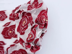 Detail der Puffärmel aus Netzstoff mit 3D-roten Rosenstickereien und floralen Texturen