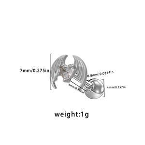 Détails et dimensions du piercing cartilage aile d'ange avec zircon en cœur