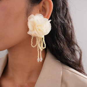 Exaggerated Chiffon Flower Tassel Drop Earrings With Glass Beads And Silver Earring Post Elegant Statement For Women