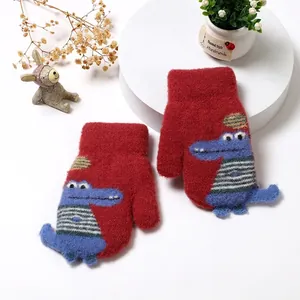 Winter children's red knit mittens with cute cartoon crocodile and warm fleece lining