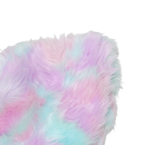 Close-up of pastel rainbow faux fur texture with pink, purple, and blue gradient fibers