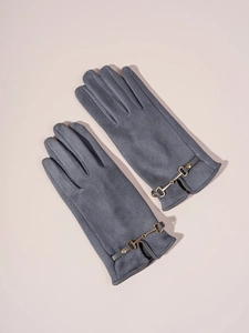 Women's dark gray suede touchscreen gloves with stylish gold metal horsebit buckle detail
