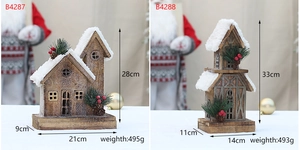 Detailed comparison of two wooden Christmas house ornaments with snowy roofs and pine cones
