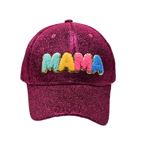 Damen Baseballkappe mit pinken Pailletten und bunten MAMA Chenille-Buchstaben-Patches