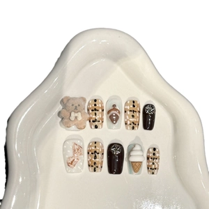Handmade 3D bear press-on nails with plaid patterns and chocolate brown tones