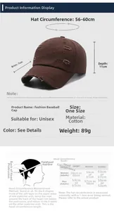 Größentabelle für Baseballkappen mit 7cm Schirm und 56-60cm Kopfumfang Informationen