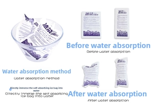 Detail view of self-absorbing ice pack swelling from thin sheet to cooling gel pad