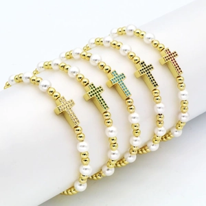 Beaded Bracelet Copper With Imitation Artificial Pearl Zircon Cross Pendant Fashion Religious Bohemian Jewelry Gift For Women