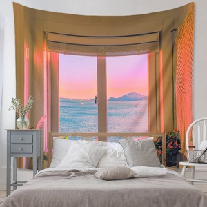 Detail of bohemian sunset sea view tapestry fabric with high definition window print