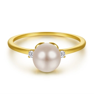 925 Sterling Silver Ring with Large Round Pink Pearl and Zircon Accents on Gold Band