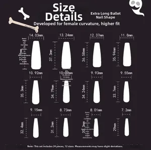 Detailed size chart showing 12 different nail dimensions for the Halloween press-on set