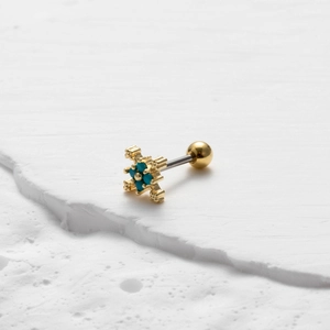 Detailed view of turquoise stone cross earring with golden finish and steel post