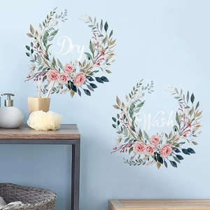 Floral laundry room wall stickers with Wash and Dry text for home decoration