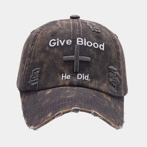 Detailed embroidery of Give Blood text and cross on vintage washed baseball cap