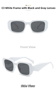 Front and side views of stylish square sunglasses with white frames and grey lenses