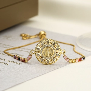 Virgin Mary Medaillon Armband Kupfer Echtgold Vergoldet Bunte Zirkonia Verstellbarer Schieber Vintage Religiöser Schmuck Damen