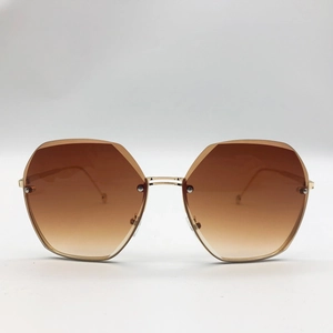 Women's irregular rimless sunglasses with gradient brown lenses and gold metal frames