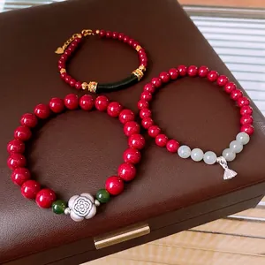 S925 silver flower cinnabar and Hetian jade bracelets set with vintage aesthetic