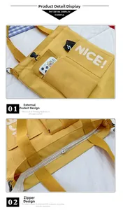 Detail of yellow canvas tote bag featuring a front pocket and smooth PVC zipper closure