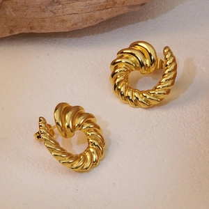 Polished 18K gold-plated croissant hoop earrings with a textured spiral twist design