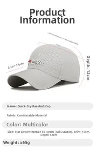 Detail view of light grey quick-dry baseball cap with laser-cut vents and sizing dimensions