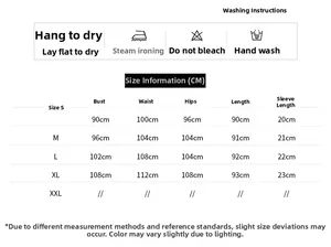 Detailed maternity dress size chart and washing instructions in a clean table layout