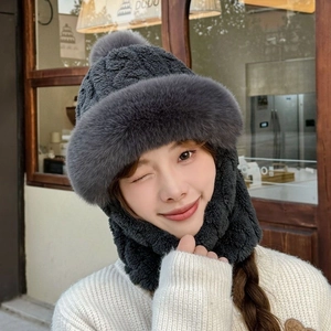 Winter integrated dark gray thermal hat with faux fur trim and cable knit wool texture