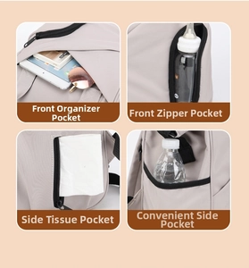 Detail view of multi-functional pockets including insulated side pouch and tissue dispenser