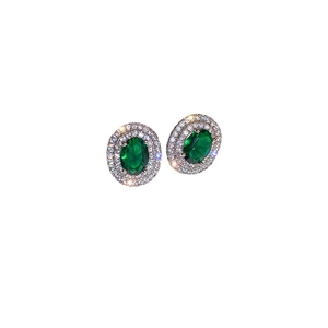 Vintage oval green gemstone stud earrings with double layered zircon halo in silver finish