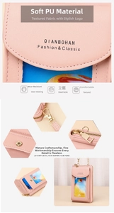 Pink PU phone purse featuring a transparent touch screen window and gold metal zipper