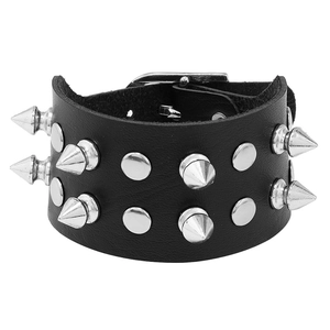 Detail of punk leather bracelet showing metallic spikes, studs, and buckle closure