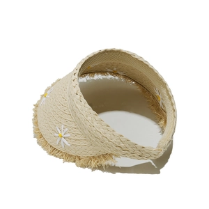 Detail of raffia straw sun visor featuring white daisy embroidery and frayed tassel edge