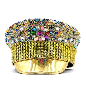 Sparkly gold captain hat with colorful rhinestones and studs for festivals and parties