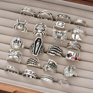 23pcs vintage gothic ring set featuring silver skull spider and coffin designs