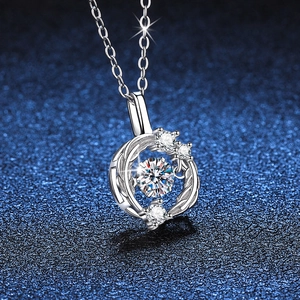 Elegant S925 silver feather necklace featuring a dancing round-cut moissanite diamond stone