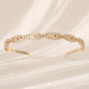 Elegant gold wheat leaf headband with sparkling rhinestones for bridal hair accessory