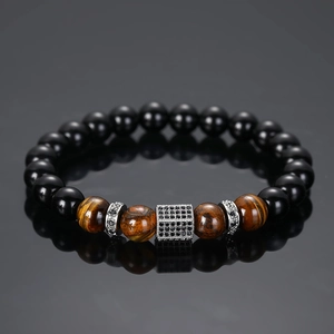Men's matte black beads and tiger eye stone bracelet with silver hexagonal charms