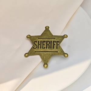 Vintage bronze sheriff badge brooch in a six-point star shape on white ceramic surface