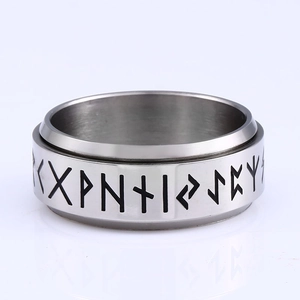 Polished silver stainless steel spinner ring with black Nordic runes for men and women