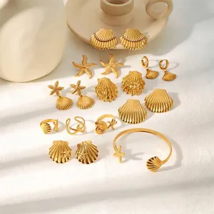 18K gold plated stainless steel ocean jewelry set with shell starfish and conch designs