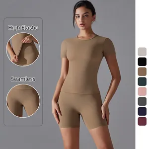 Vêtements de Yoga à Séchage Rapide et Haute Élasticité pour Femmes Haut et Bas à Manches Courtes Short de Fitness Course Tenue de Sport