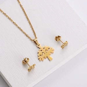 Polished gold stainless steel jewelry set featuring tree of life necklace and earrings