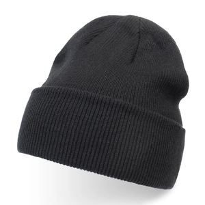 Detailed macro view showing the texture of a classic black ribbed knit beanie hat