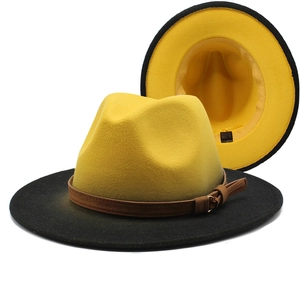 Two-tone gradient wool fedora hat with yellow crown and black brim with leather band