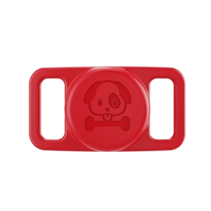 Detail of red silicone Airtag holder with cartoon dog and bone relief for pet collars