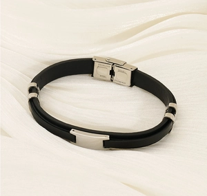 Close-up of stainless steel clasp on a double-layer black leather bracelet for men