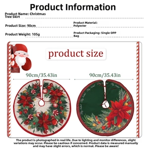 Detailed view of 90cm Christmas tree skirts with poinsettia print and size guide
